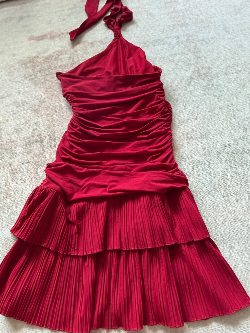 BCBGMaxAzria Red Halter Ruched Tiered Mini Dress Small - Picture 5 of 7
